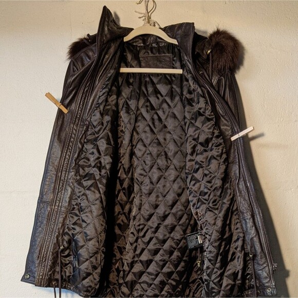 Vintage Jacqueline Ferrar leather coat Small fur trim detachable hood brown - Picture 3 of 9
